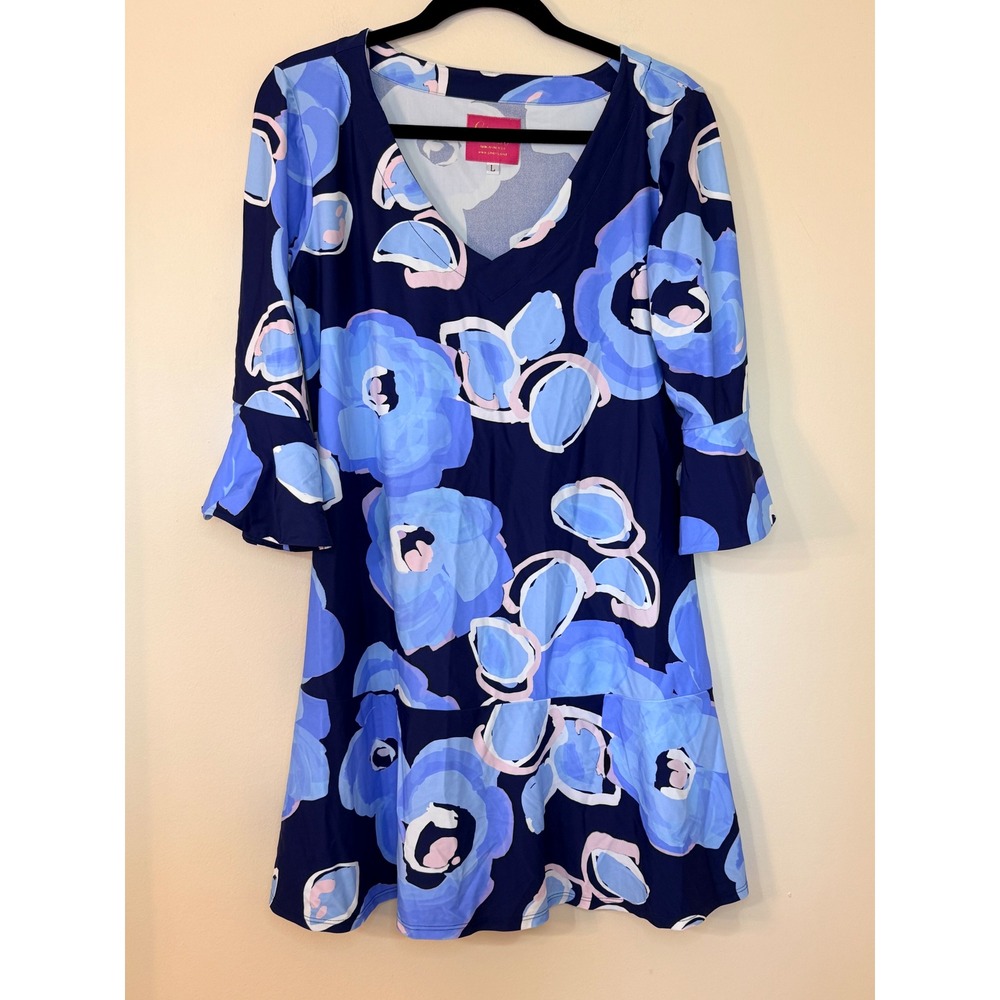 Gingys Blue Floral V-Neck Bell Sleeve Drop Waist Ruffle Hem Shift Dress Large